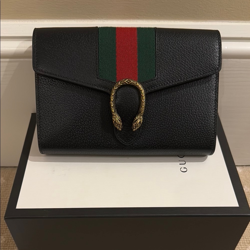 Gucci Black Leather Clutch with Red and Green Stripe